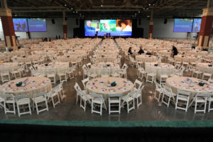 conference set up with ultra-wide screen