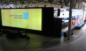 Backstage view of ultra-wide screen