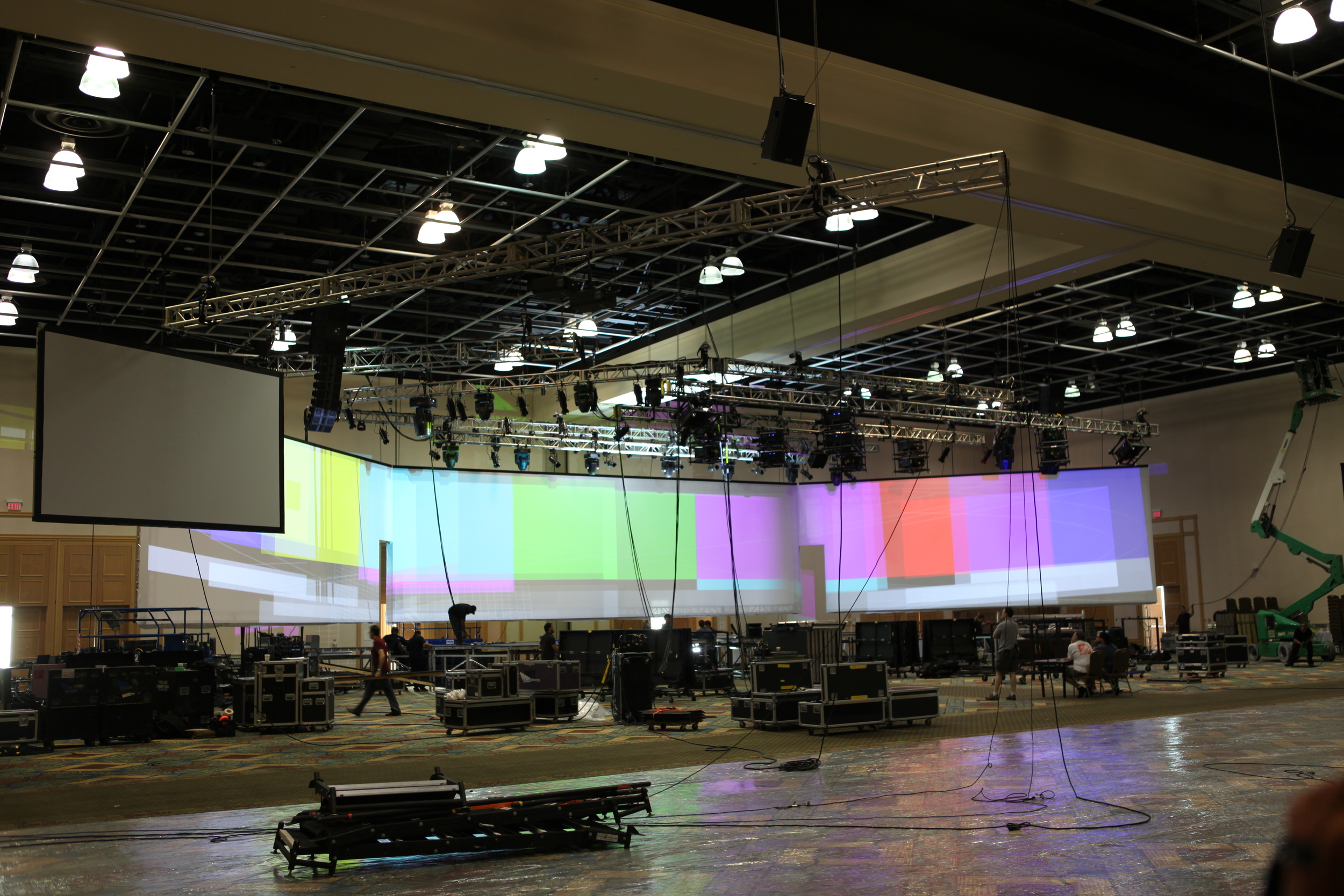Photo of an ultrawide screen during AV setup at a recent Tri-Marq event.