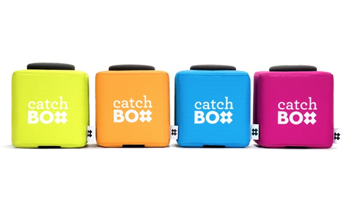 An image of the catchbox audience-friendly microphone in 4 different colors: yellow, orange, blue, and purple.