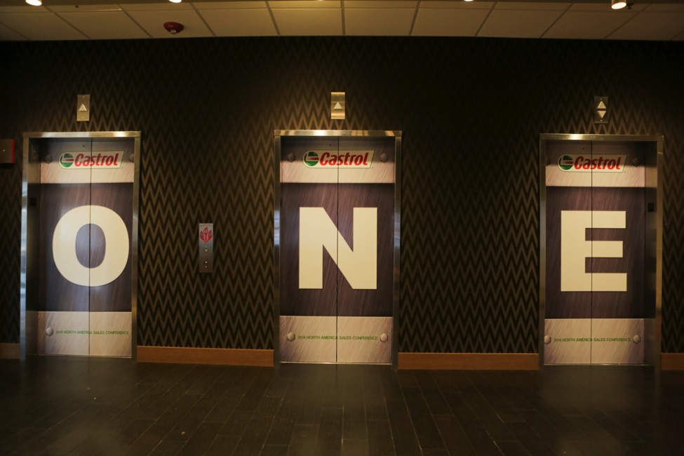 A photo of branded elevators at a recent Tri-Marq event.