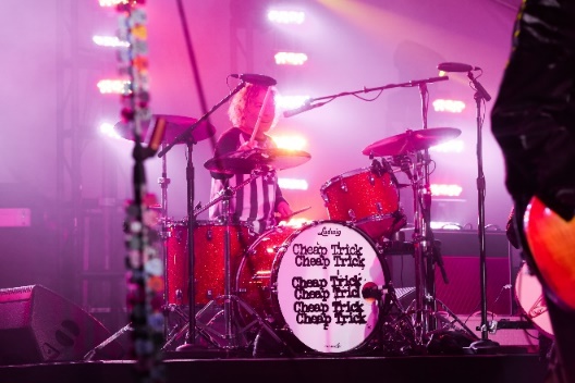 The 'Cheap Trick' Drum setup featuring their logo on the bass drum.