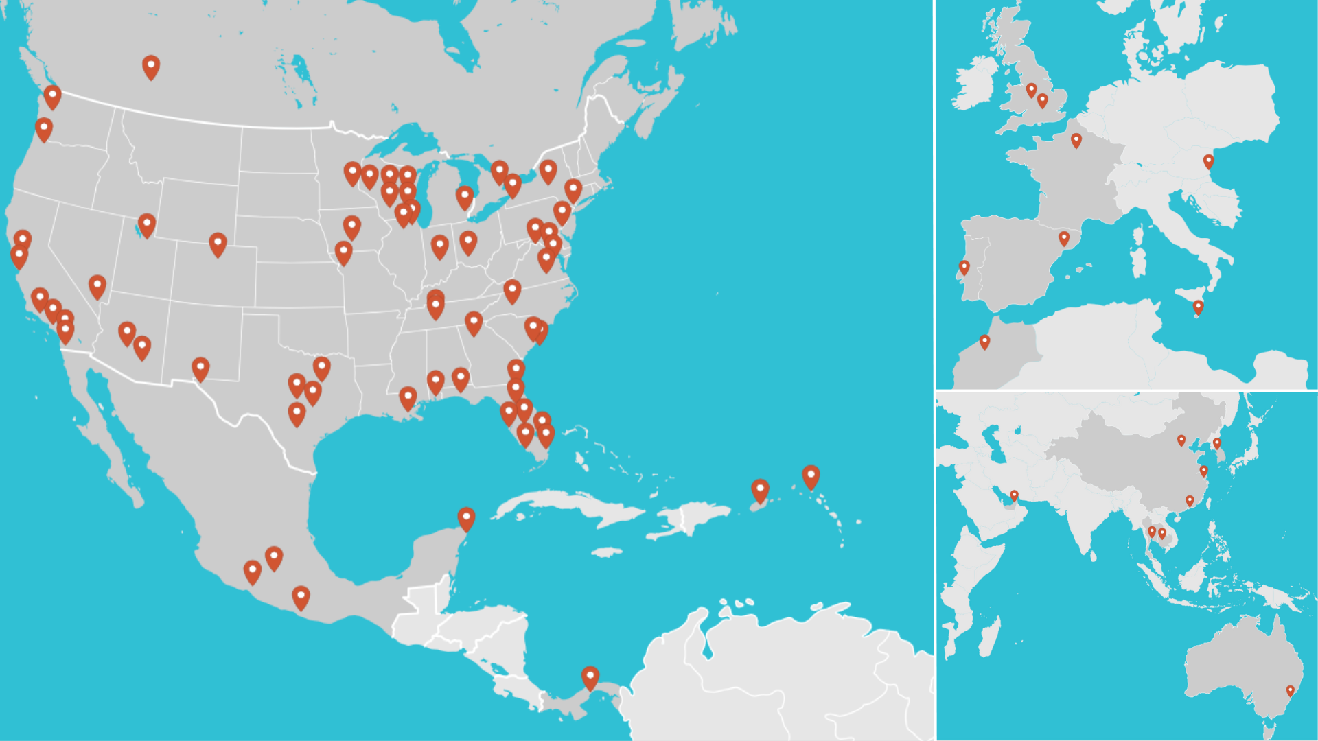 A global map with pinpoints where Tri-Marq has produced events. Some locations include Mexico, Canada, Spain, Australia, China, the UK, and more.