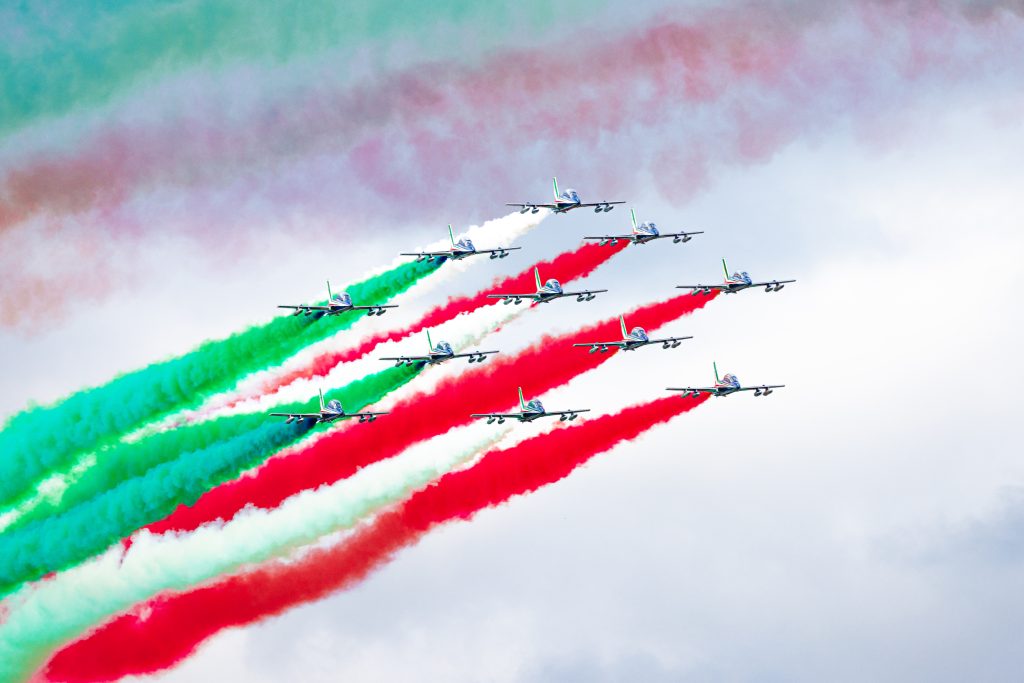 The Italian military planes flying in formation at the EAA Airventure Oshkosh 2024 Air Show.