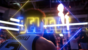 Tri-Marq graphics "Believe," one of the many MUBB slogans, overlaid on a shot of a Marquette Basketball player. The clip is from one of the Marquette hype videos produced by Tri-Marq for the season.