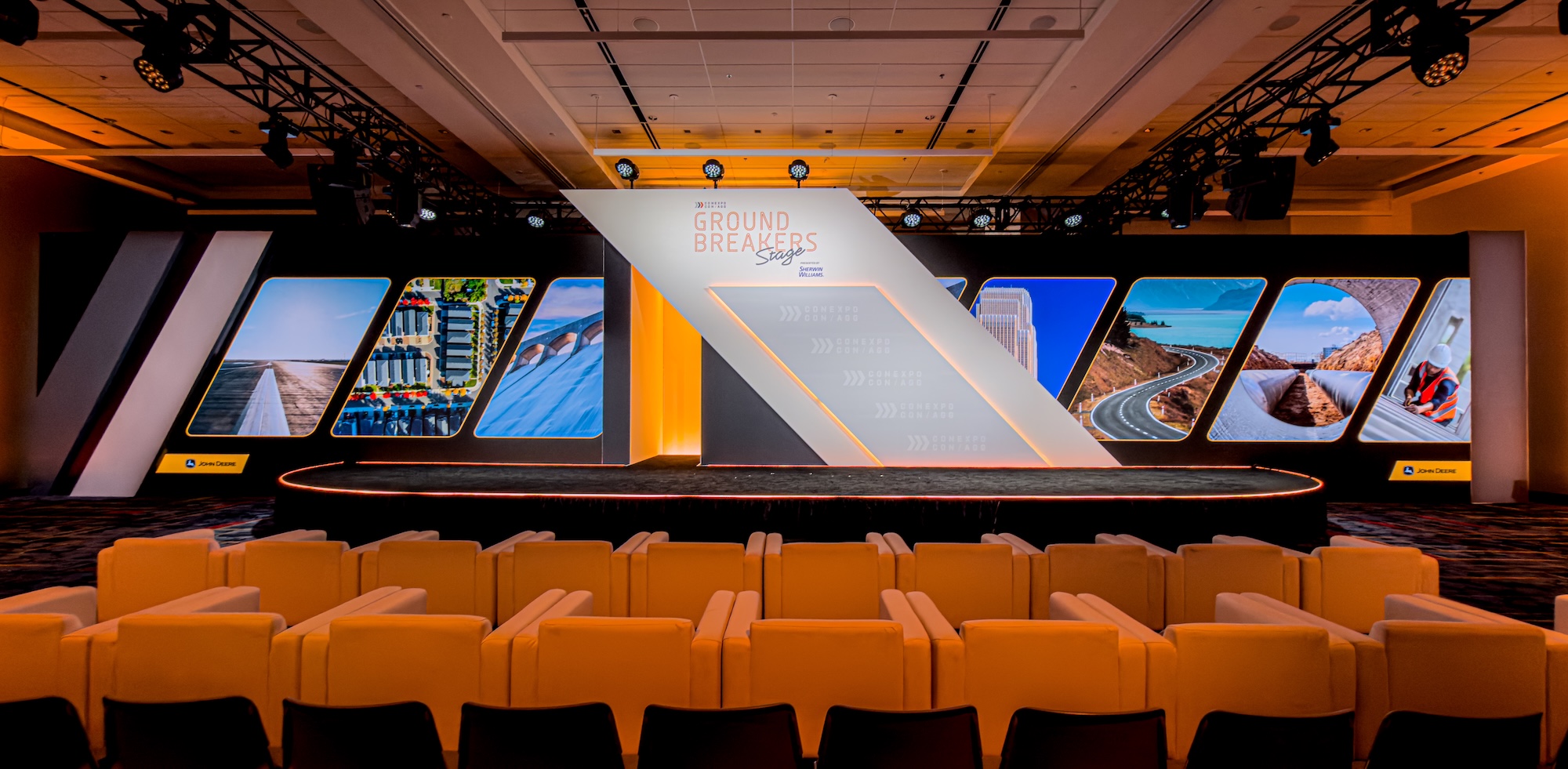 A view from the back of house at the ground breakers stage at con expo-con/agg 2026.