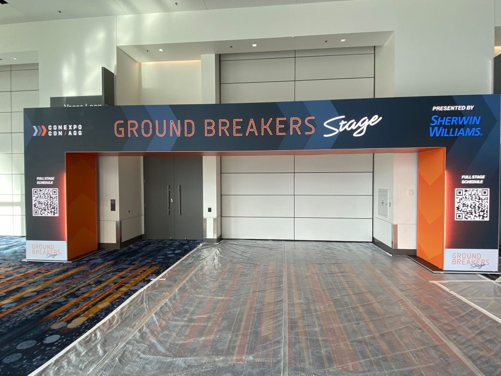 LED arch outside the Ground Breakers Stage conference room used for wayfinding at the CECA 2026 tradeshow.