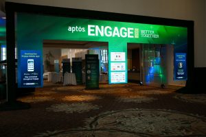 LED arch used as digital signage wayfinding at the Aptos 2017 conference.