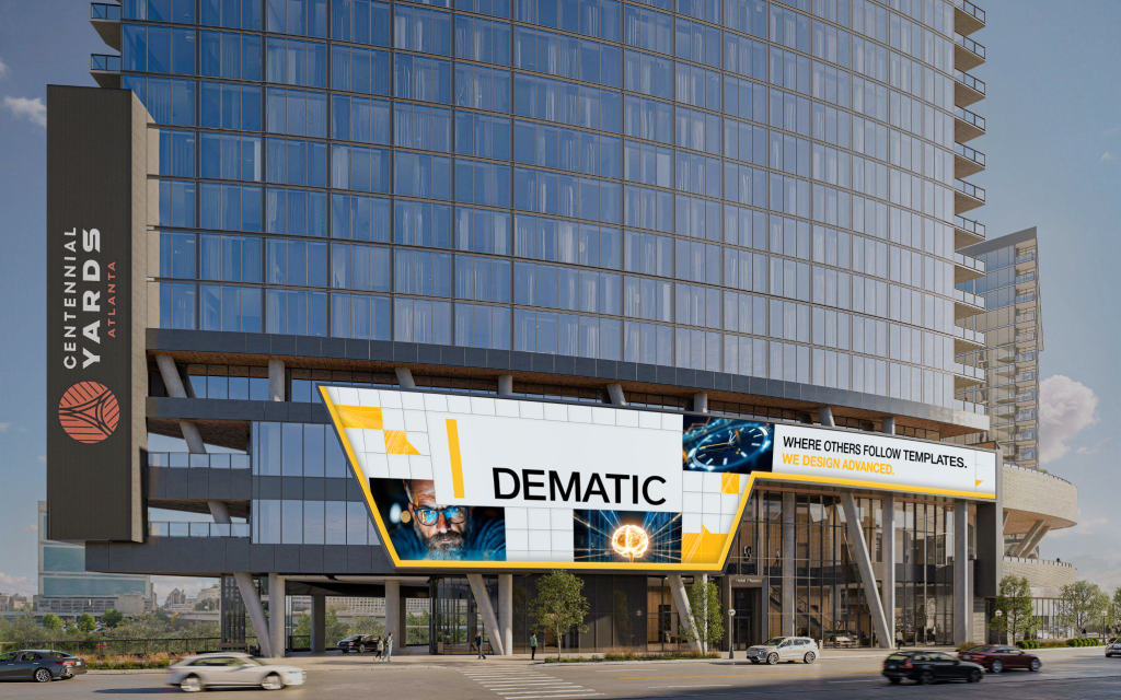 A mockup of Dematic branded digital signage advertising at Centennial Yards at the Phoenix Hotel. 