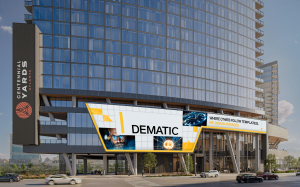 A mockup of Dematic branded digital signage advertising at Centennial Yards at the Phoenix Hotel.
