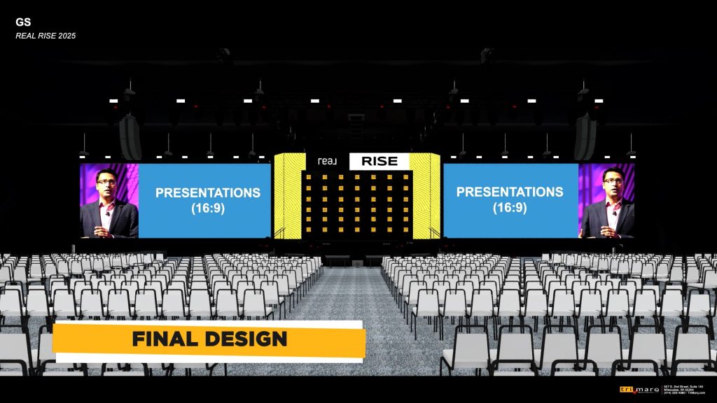 For gallery page: A thumbnail from the Real Brokerage RISE Behind-the-scenes case study video. Features the final CAD design for the stage and ballroom setup. 
