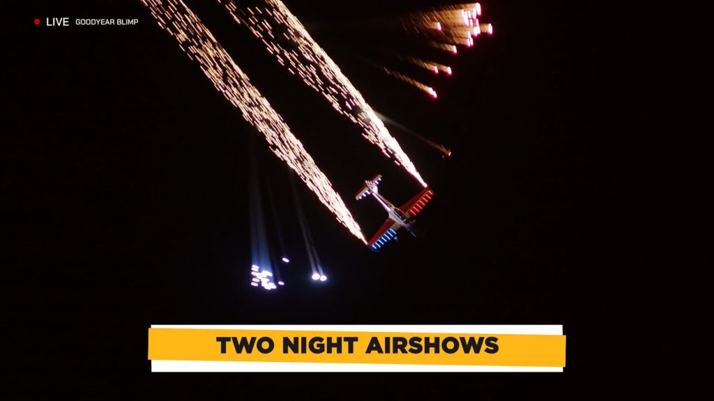 For gallery page: an image of a plane with fireworks going off during one of the EAA Airventure nightime airshows.