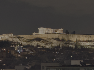 A photo of the Parthenon in Athens taken at night after a Tri-Marq international event.
